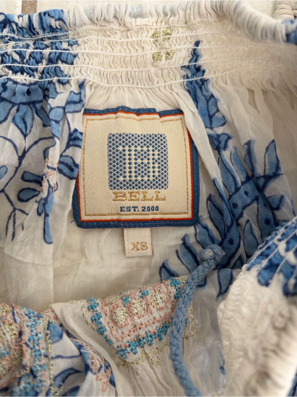 Bell Women's White & Blue Floral Smocked Peasant Top